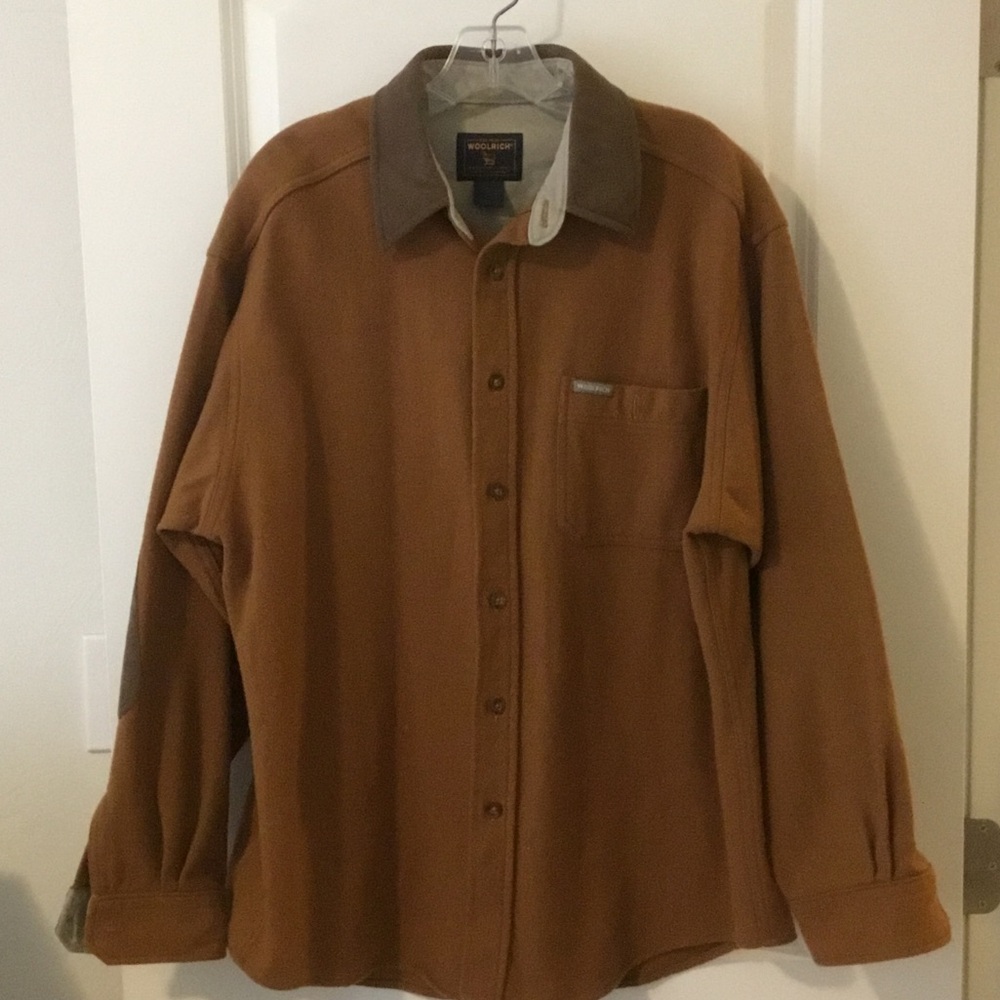 Mens Woolrich Tan and Brown Button-Up Shirt with Elbow Patches